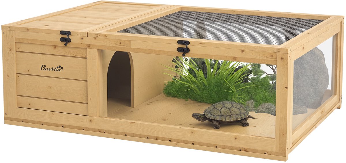 PawHut - Schildpaddenhuis - Vurenhout - 91x60,5x32cm - Geel