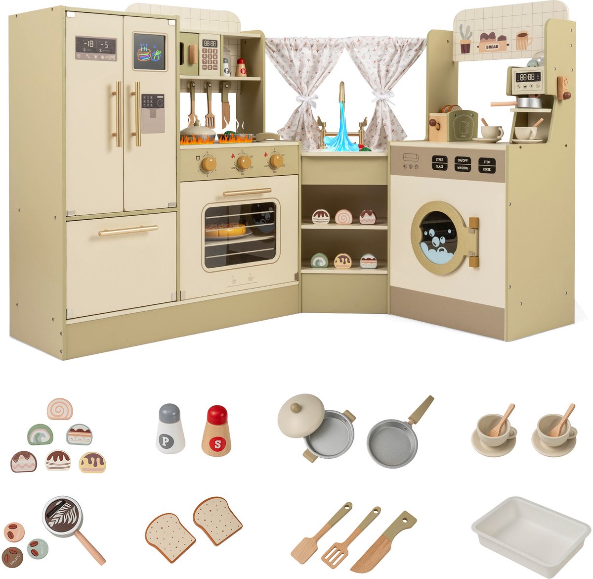 COSTWAY Kinderkeuken, hoekspeelkeuken met fornuis, koelkast, vaatwasser, koffiezetapparaat, magnetron en broodrooster, speelgoedkeuken met 21 accessoires, houten keuken voor kinderen vanaf 3 jaar