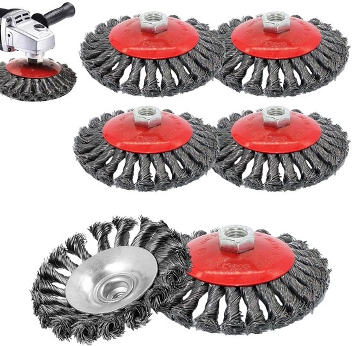 6-delige set draadborstels voor haakse slijper Ø 125 mm - flexibele potborstel - M14 stalen borstel - kegelborstel - accessoires voor polijsten, ontbramen en reinigen.