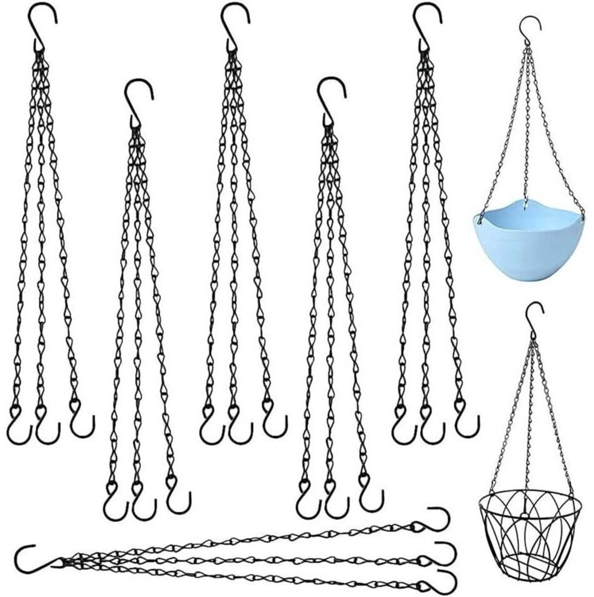6 ophangkettingen, plantenhangmand, zwarte marmeren tuinaccessoires, vervangende ketting geschikt voor bloempotten, tinnen ophangketting geschikt voor haken