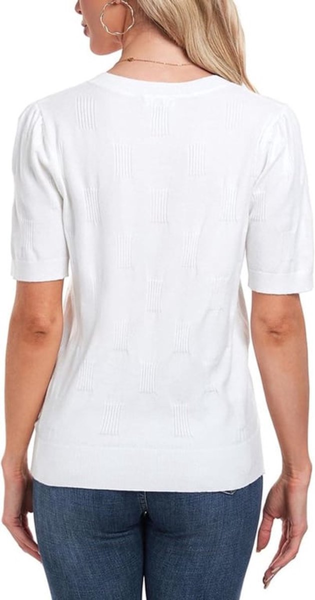 Gebreide blouse met V-hals en korte mouwen voor dames, lente en zomer, casual stijl.