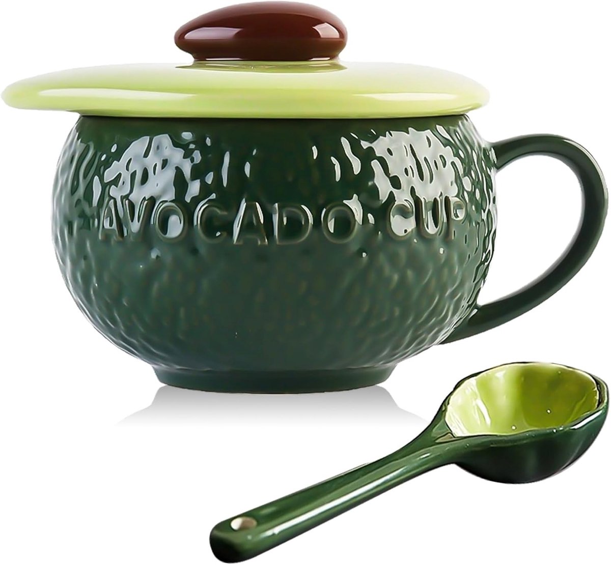 Koffiemok Set met Deksel en Lepel - Groen - 10 oz - Keramische Avocado Vorm - Voor Koffie en Dranken