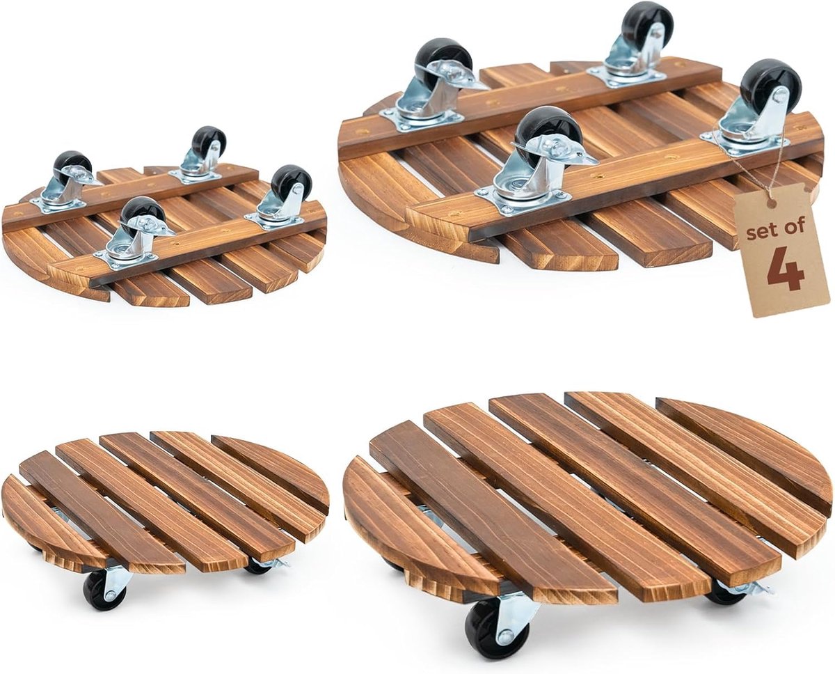 Famanu – Plantenroller met wielen, set van 4 stuks, 12 inch houten plantenstandaard met zwenkwielen en vergrendeling voor binnen en buiten, perfect voor het verplaatsen van uw planten