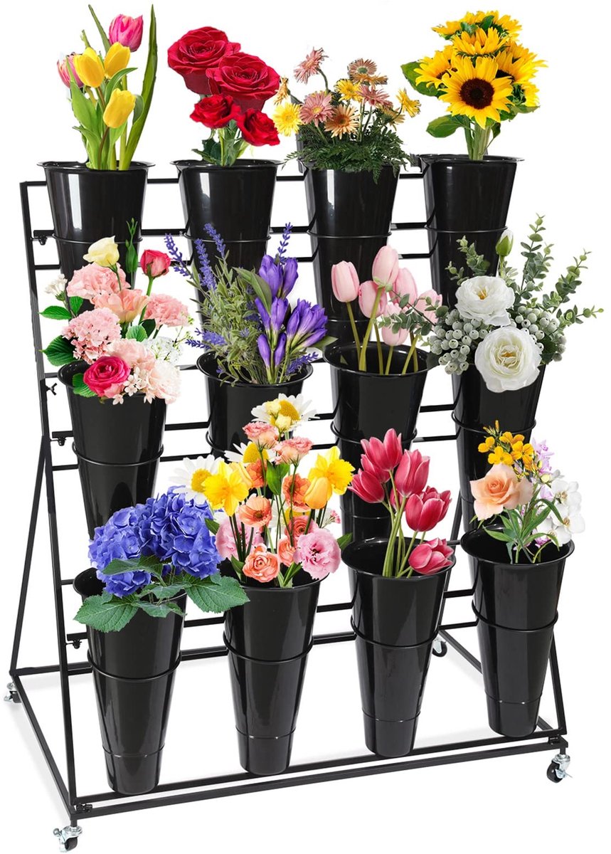 Famanu – Bloemendisplaystandaard met emmers, 3 lagen voor 12 emmers, mobiele bloemenstandaard met wielen voor binnen en buiten, ideaal voor gebruik in de patiotuin, woonkamer of bloemist