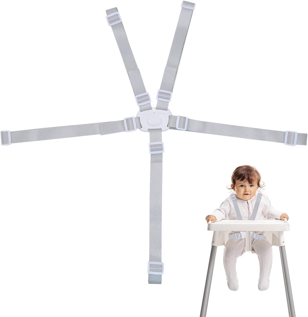 Verstelbare 5-punts veiligheidsgordel voor kinderstoel, kinderwagen en hoge stoel - Wit, duurzaam polyester, eenvoudig te installeren