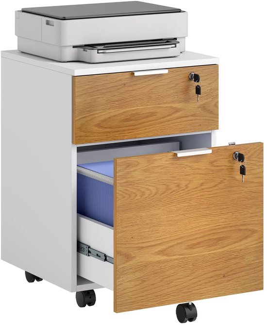 Witte roldesk met 2 lades van houtfineer, onderste lade open met blauwe mappen. Printer erop.