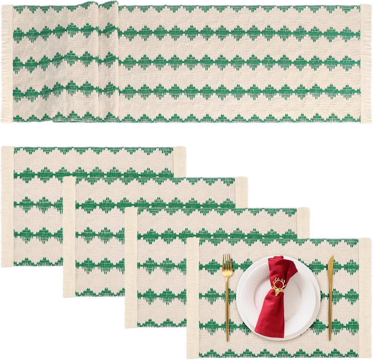 Claoner Boheemse eetmat set - 4 stuks met tafeldoek - Geweven rode kerstdecoratie - Boerderij stijl - Groen