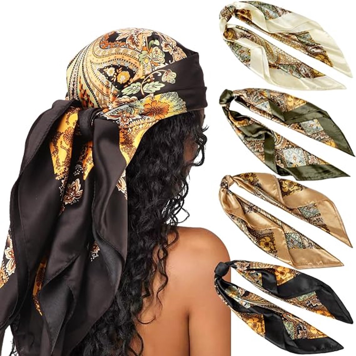 Claoner Satijnen hoofddoek - 4 stuks - 90x90cm - Vierkant zijden sjaal - Retro print - Strand accessoire - Vrouwen