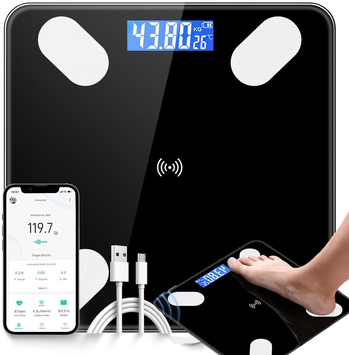 Slimme Personenweegschaal - Lichaamsanalyse Weegschaal - Bluetooth met OKOK-App - Weegbereik tot 180 kg - BMI, Vet, Spieren en Watermeting - USB-Oplaadbaar - Voor Dagelijkse Gezondheidsregistratie Thuis