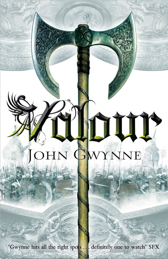 Boekomslag van 'Valour' van John Gwynne met een grote strijdbijl in het midden en een leger op de achtergrond.