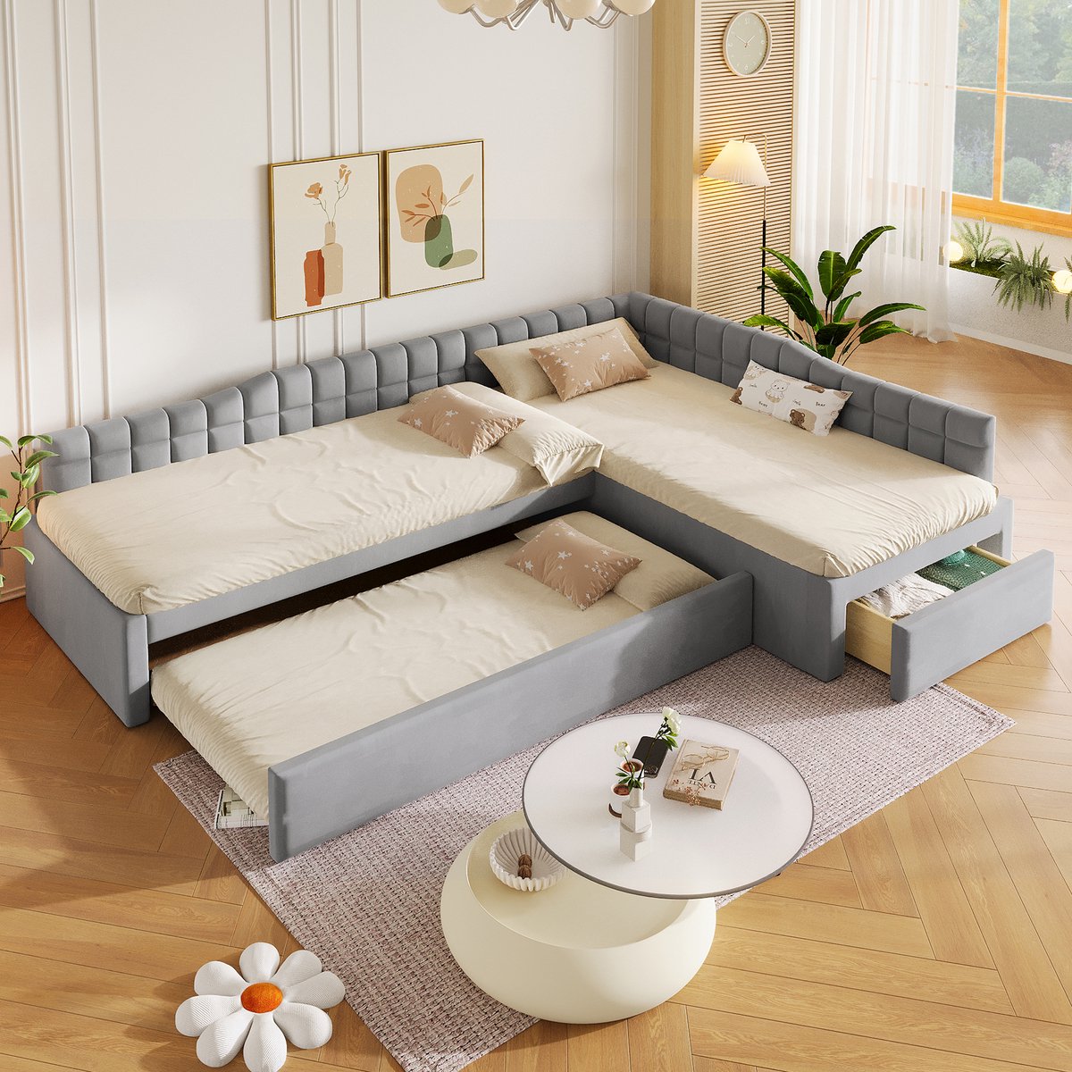 L Vormig Bed 90x200 Cm Zonder Matras Met Uittrekbed En Lades Ruimtebesparend Voor Kinderkamer En Logeerkamer MDF En Stof Grijs