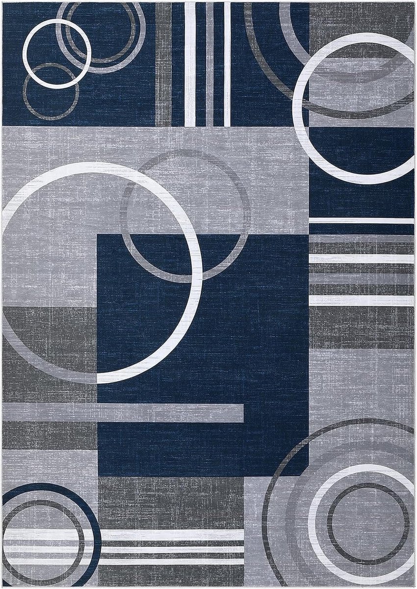 Vloerkleed geometrisch modern wasbaar antislip 200x290 cm donkerblauw voor woonkamer