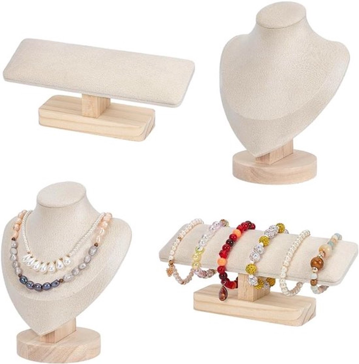 4 Stuks Sieradenstandaard voor Halskettingen en Armbanden, Fluwelen T-Beugel en PU-Houders voor Thuis en Boetiek, Antiek Design