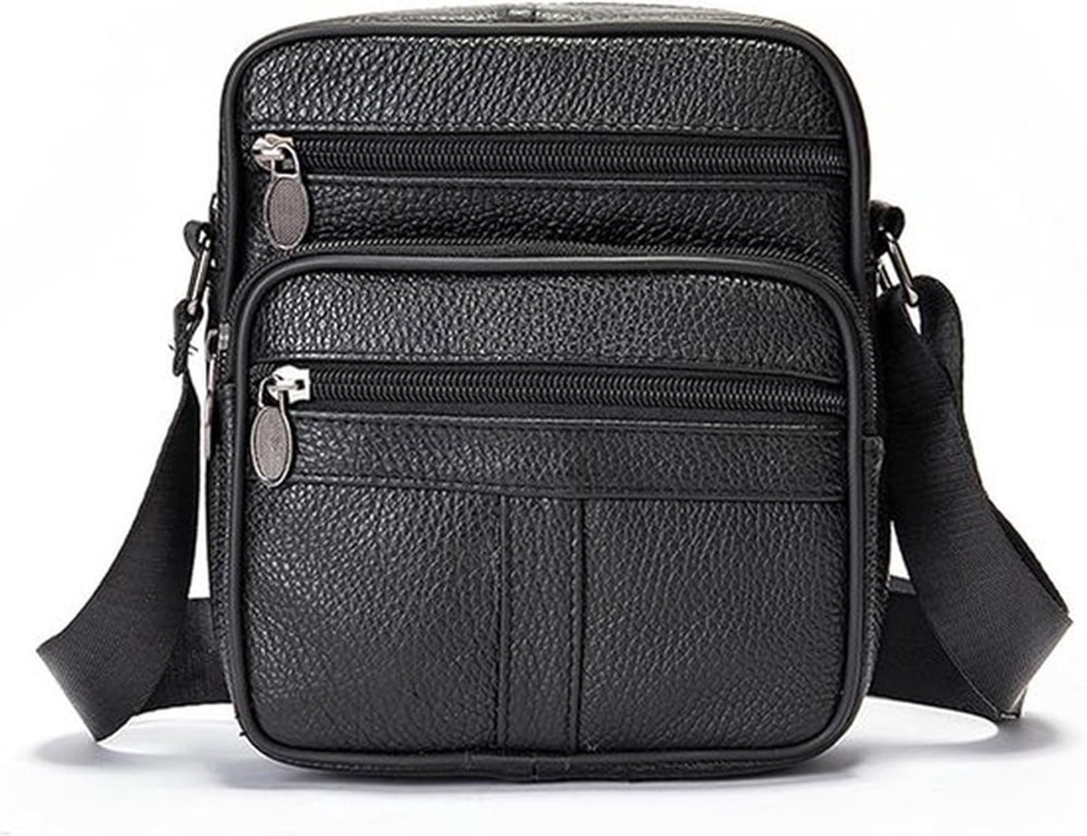 Schoudertas - Crossbody tas - Unisex kleine schoudertas van echt leer - Verstelbare schouderriem - Geschikt voor reizen, werk en zakenreizen - 17*7*19 cm - Zwart