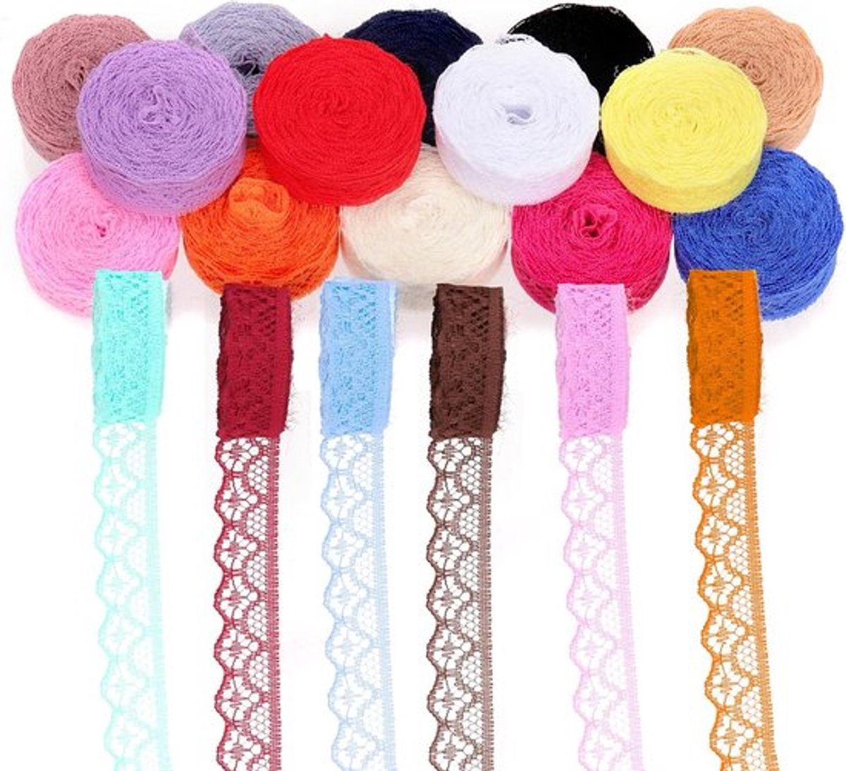 20 Rollen Kantlint van Stof - 91 m Lang, 15 mm Breed - 20 Kleuren, Eenzijdig Bloempatroon - Rekbaar Elastisch Kantlint - Voor Bruiloft Decoratie - Naai- en Haarstrik Maken