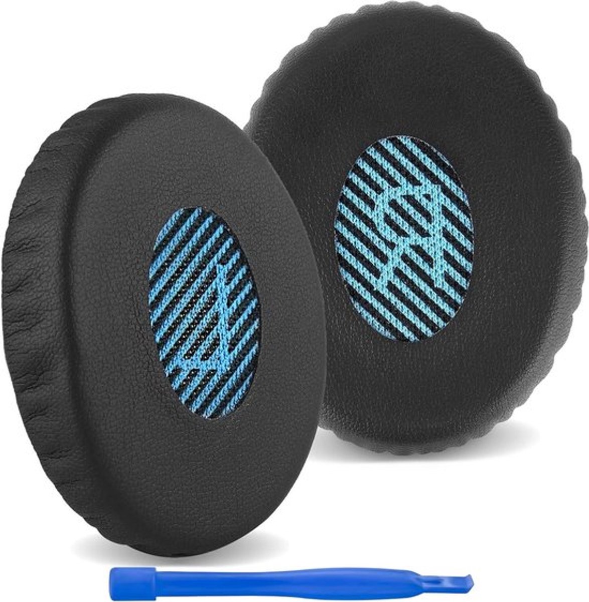 Vervangende kussens - Oorhoofdtelefoon - Comfortabel gebruik - Eiwit Leer/Zwart-Blauw Mesh - Geluidskwaliteit - Geschikt voor diverse modellen - Bose On-Ear OE2/OE2i, SoundTrue, SoundLink On-Ear (OE) - Oorkussens