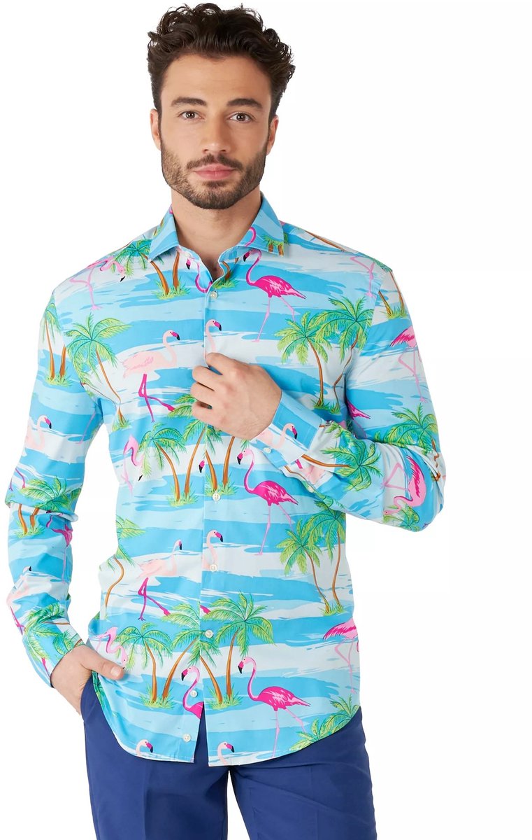 OppoSuits Flaminguy Shirt - Heren Overhemd - Tropisch Zomers Flamingo - Carnavalskleding - Gekleurd - Maat EU 45/46