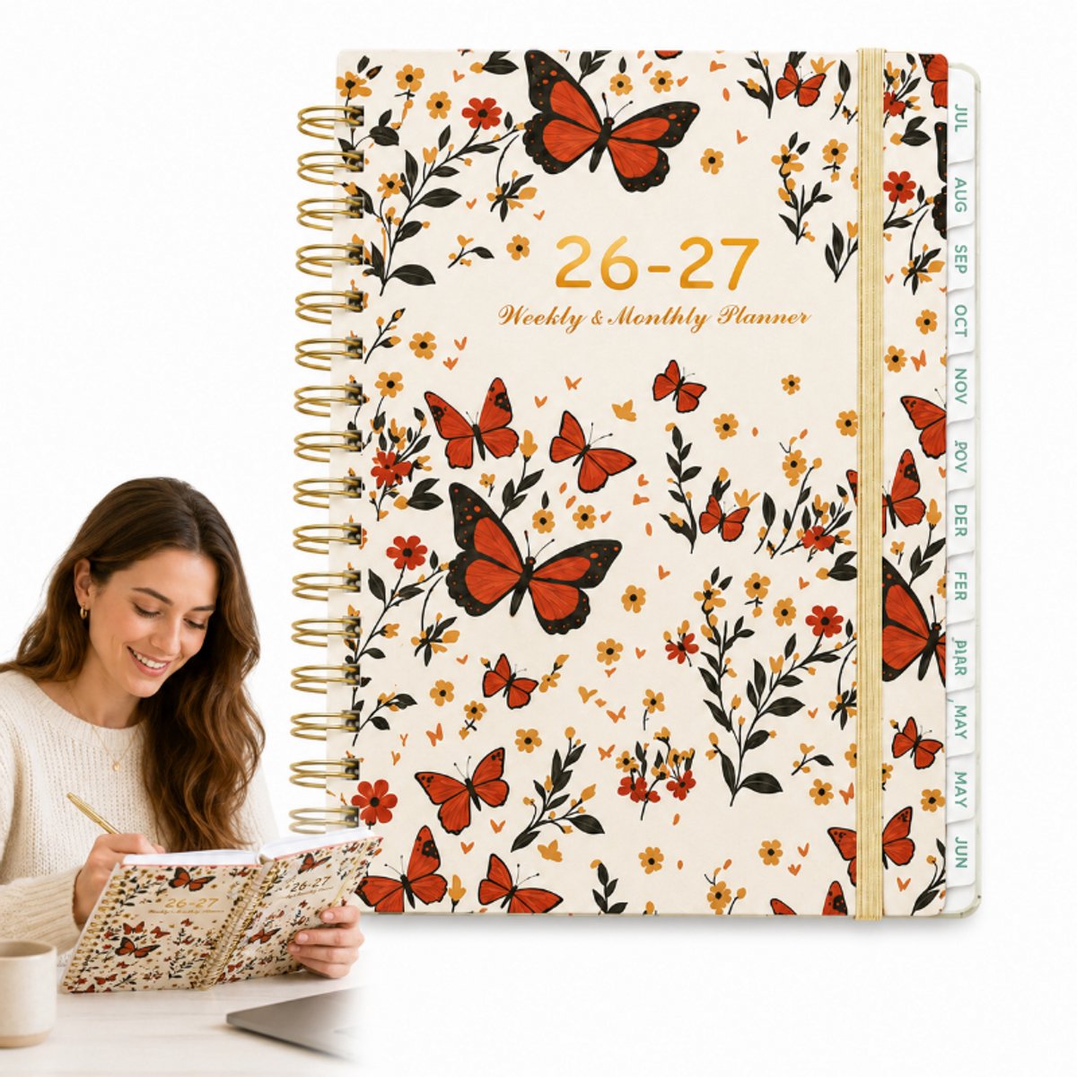 Plannernotitieboekje 2027 - Hoogwaardig A5-formaat, bloemenmotief, spiraalbinding, A5-formaat met bandje - 15x21 cm - Inclusief tijdvakken en losse vellen - Werk- en studieplanner - Vlinder- en bloemenmotief