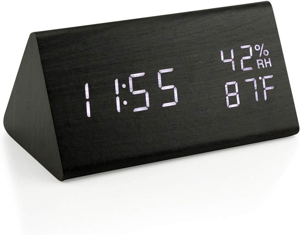 Zwarte slimme houten LED‑digitale wekker, tafelklok voor slaapkamer en bureau, met spraakbesturing, instelbare helderheid, weergave van tijd, temperatuur en luchtvochtigheid