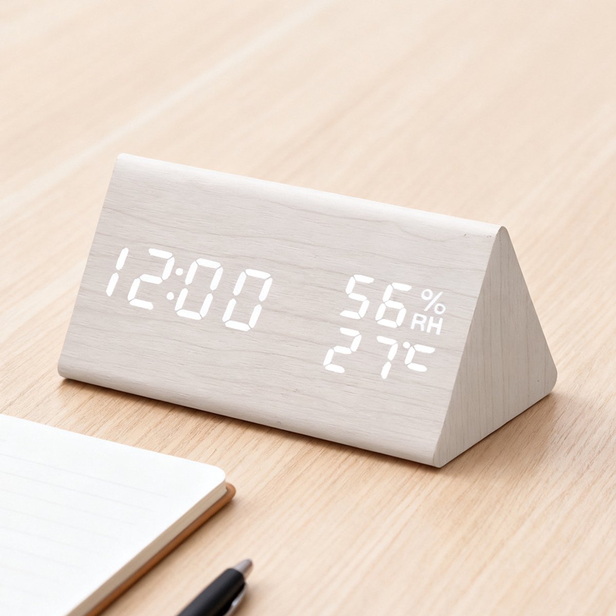 Zwarte slimme houten LED‑digitale wekker, tafelklok voor slaapkamer en bureau, met spraakbesturing, instelbare helderheid, weergave van tijd, temperatuur en luchtvochtigheid（Wit）