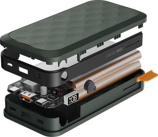 Exploded view van een groene Xtorm powerbank, met interne componenten zoals batterijen en printplaat.