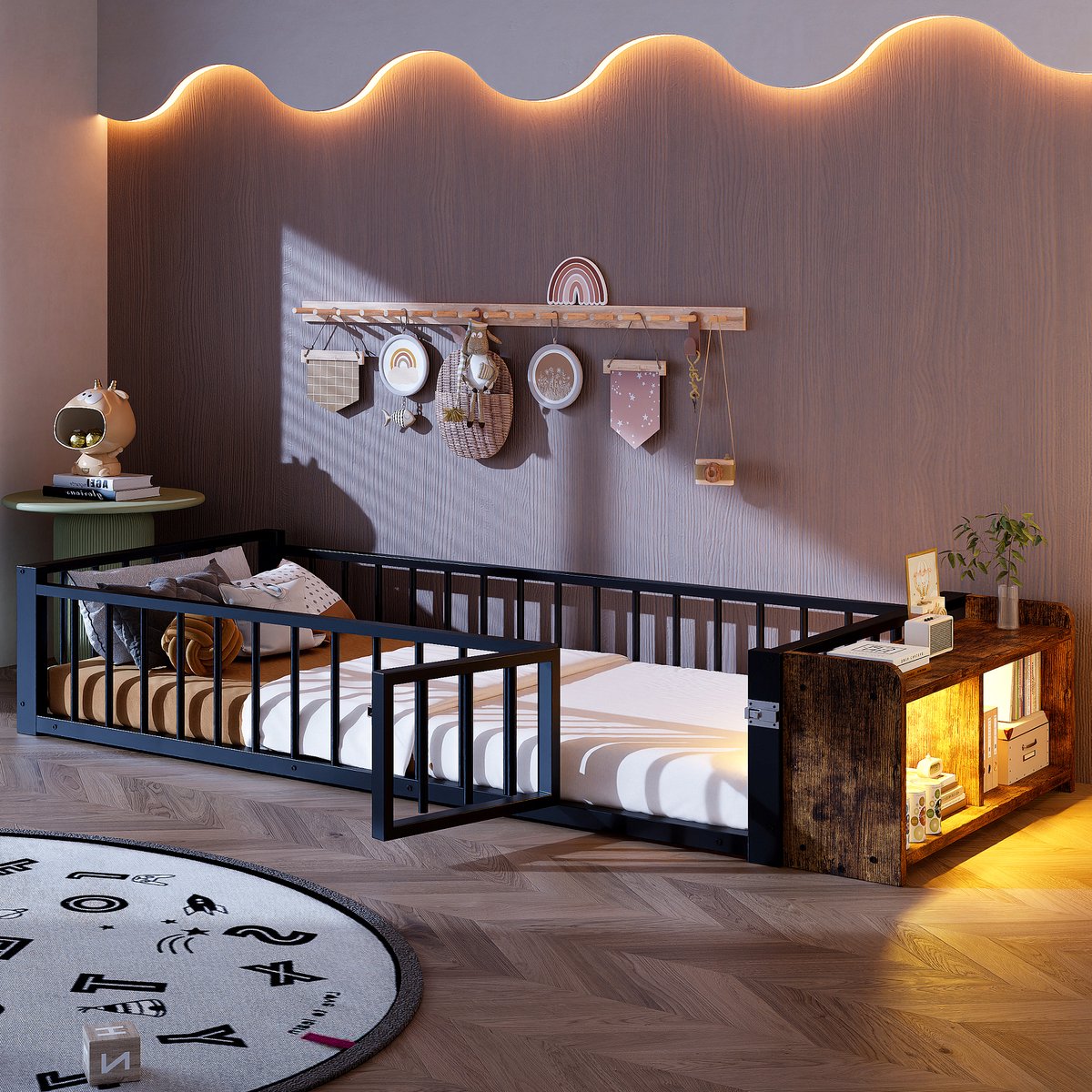 Platformbed 90x200 cm - Met LED-Verlichting - Met Opbergruimte - Met Valbeveiliging - Zwart