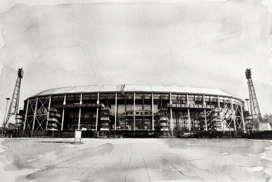 Zwart-wit aquarel van stadion De Kuip met verlichtingstorens aan weerszijden, brede lege entree, 90x60cm print.