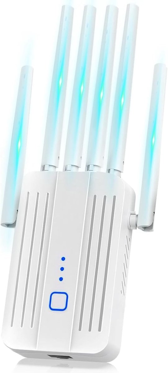 Deze krachtige wifi-signaalversterker is voorzien van zes antennes, ondersteunt wifi-signaalversterking, kan tot 64 apparaten tegelijk verbinden, ondersteunt repeater- en accesspointmodus en biedt een bereik tot 300 vierkante meter