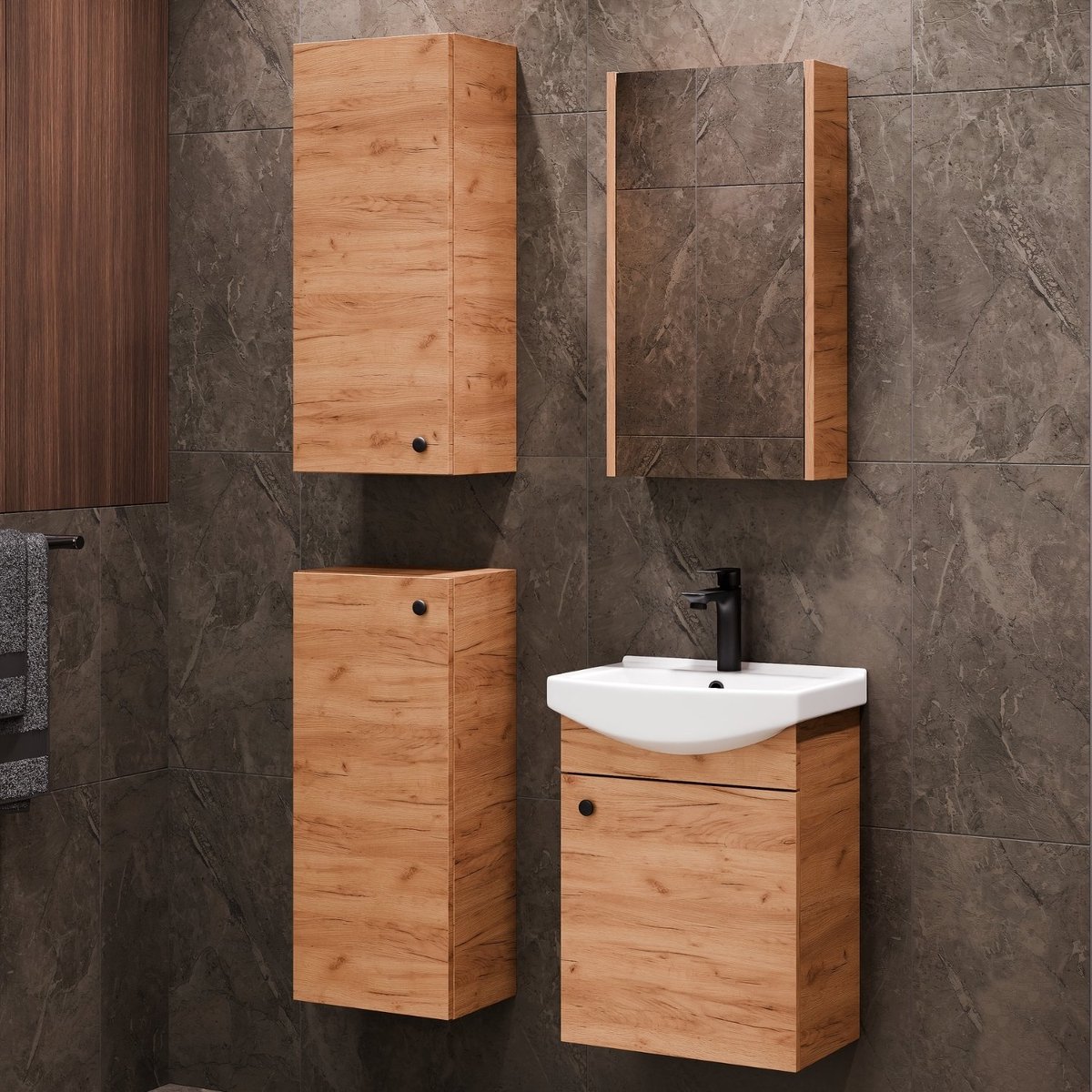Planetmöbel Badkamermeubel Set 45 cm – Goud Eiken – Keramische Wastafel met Spiegelkast en 2 Midikasten 32 cm – Soft-Close