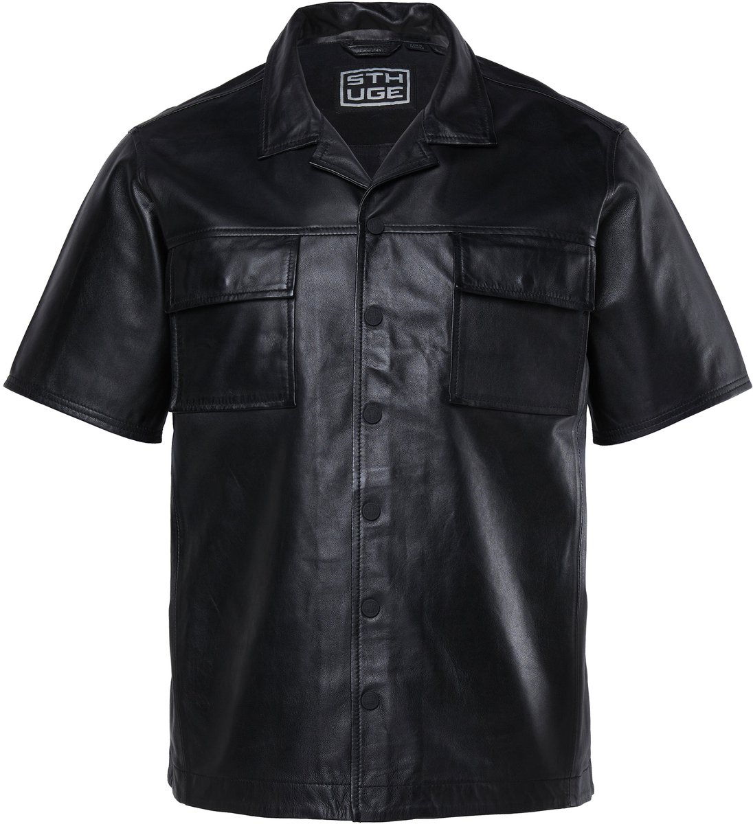 STHUGE - Heren - Leren overhemd leer korte mouwen Cubaanse kraag boxy fit - Zwart - Maat L