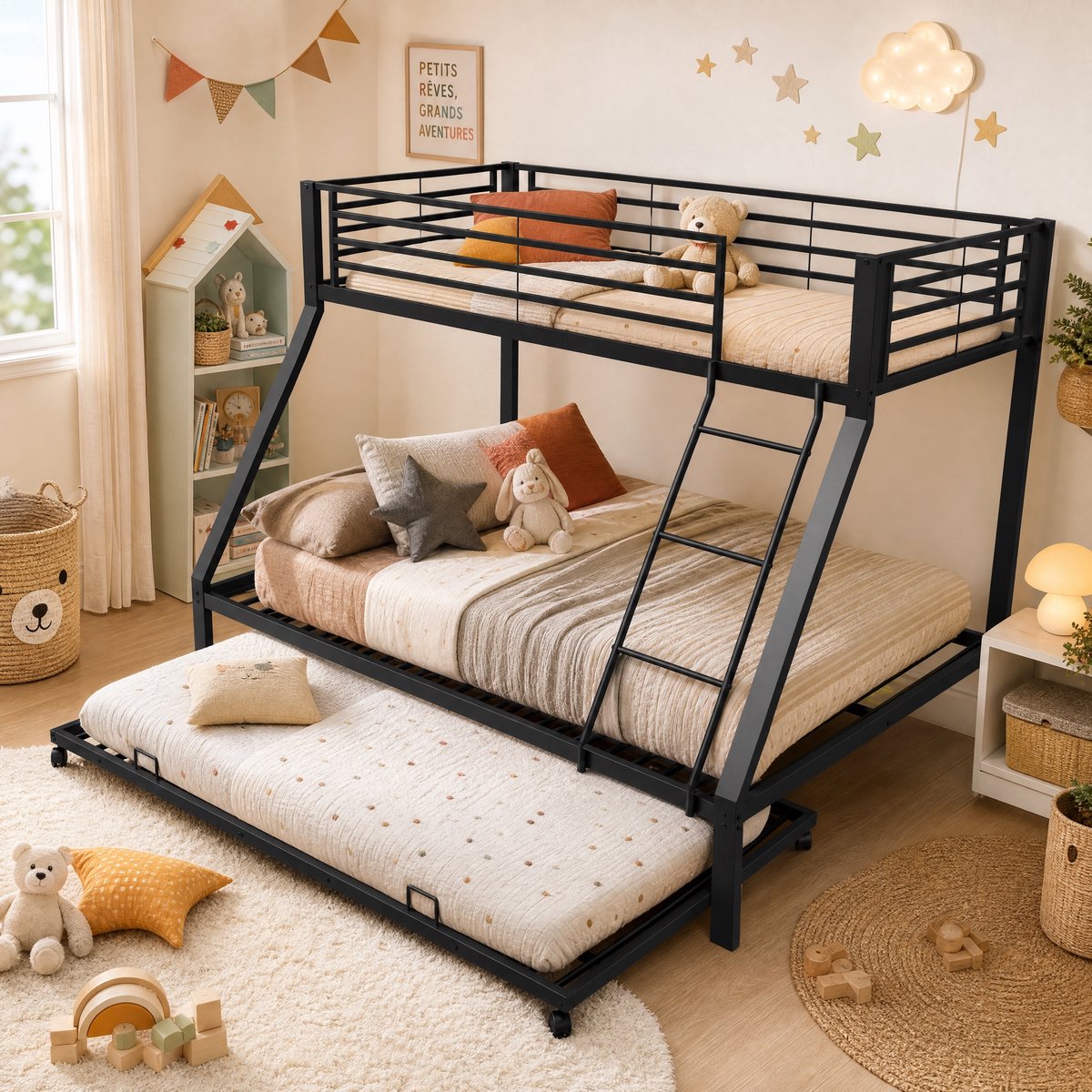 Metalen Stapelbed 90x200 cm - Stapelbed Met Uittrekbed 90x190 cm - 3 Slaapplaatsen Met Schuine Ladder en Uitvalbeveiliging - Zonder Matras - Zwart