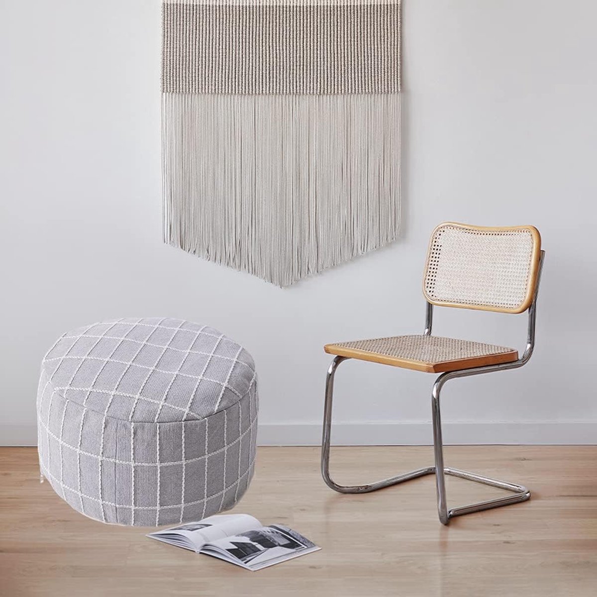 Pouf Hoes - Voetenbank Zitje - Woonkamer Decoratie - Handgeweven Structuur - 40x20 cm - Frosted Grijs