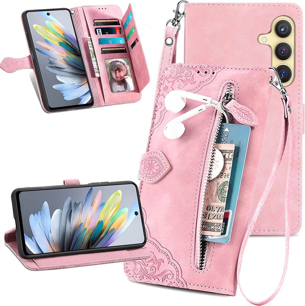 Wallet Case voor Samsung Galaxy A56/A36 met 7 Kaartsleuven, Ritsvak, Afneembare Polsband en Kickstand - PU Leren Flipcover met Magnetische Sluiting in SZY-Roze