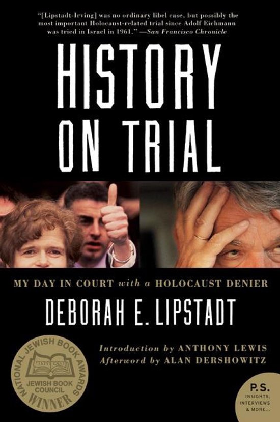 Boek 'History on Trial' met titel in grote witte letters. Twee foto's: links een groep mensen, rechts close-up van een hand op het hoofd.