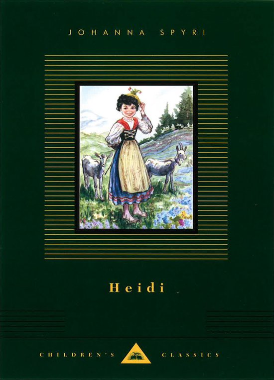 Couverture du livre 'Heidi' avec une illustration d'Heidi posant un chapeau sur sa tête, avec des chèvres et un paysage de montagne en arrière-plan.