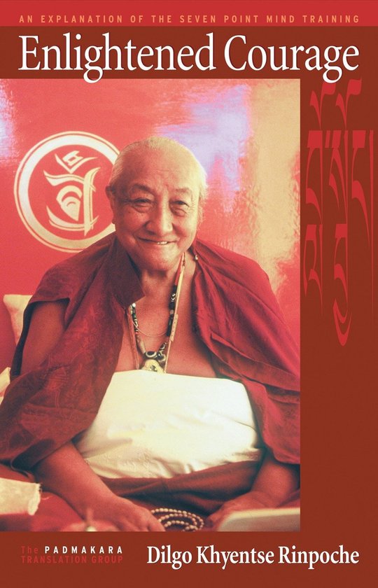 Een portret van Dilgo Khyentse Rinpoche, de auteur van 'Enlightened Courage', zittend in een rode gewaad met een glimlach.