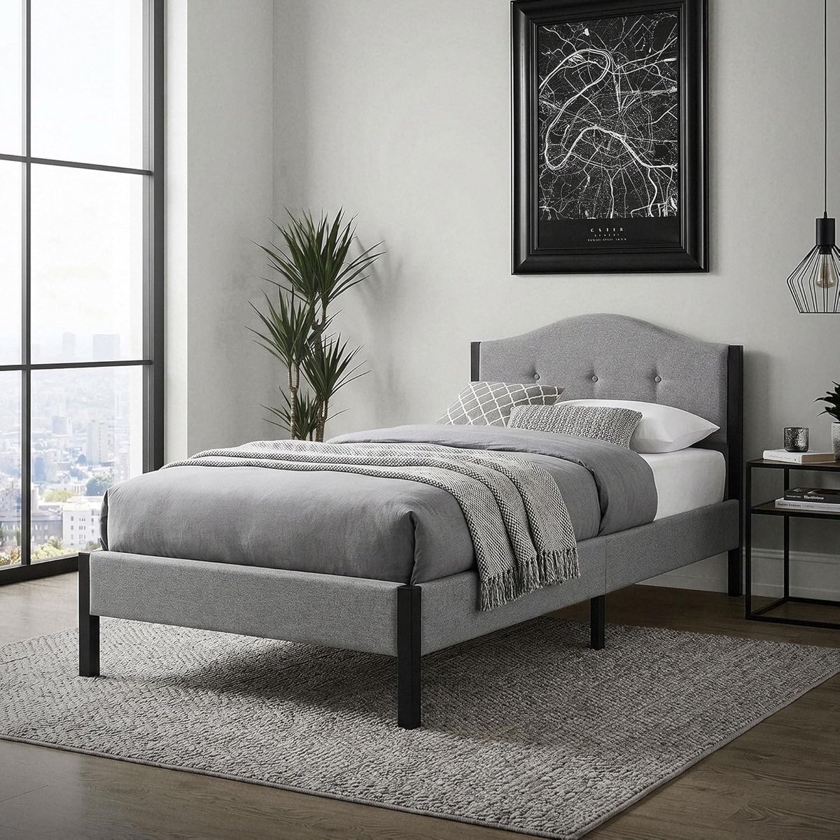 Gestoffeerd Bed - Eenpersoonsbed Linnen - Comfortabel Slapen - Stabiel Stalen Frame - 90x200 cm - Grijs