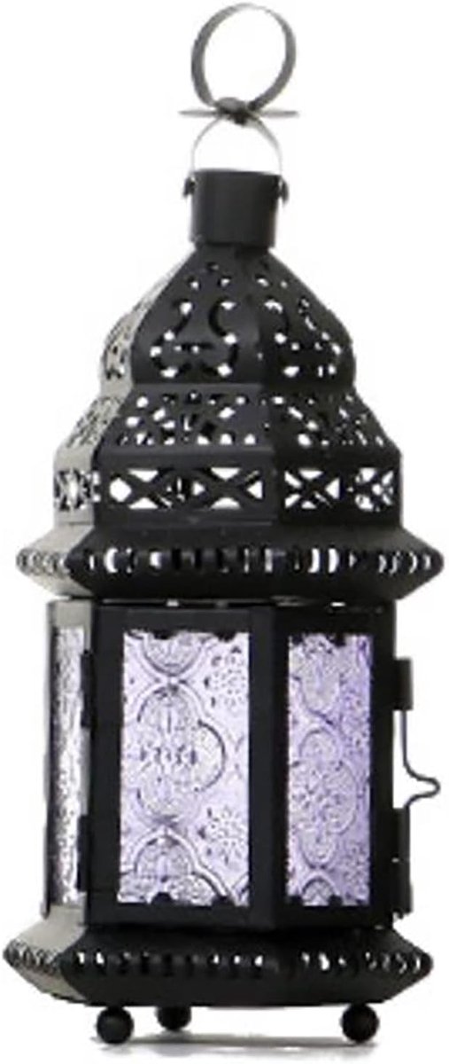 Marokkaanse lantaarn - Decoratieve kandelaar - Sfeer creëren - Met veelkleurig glas - 22 cm hoog - Paars