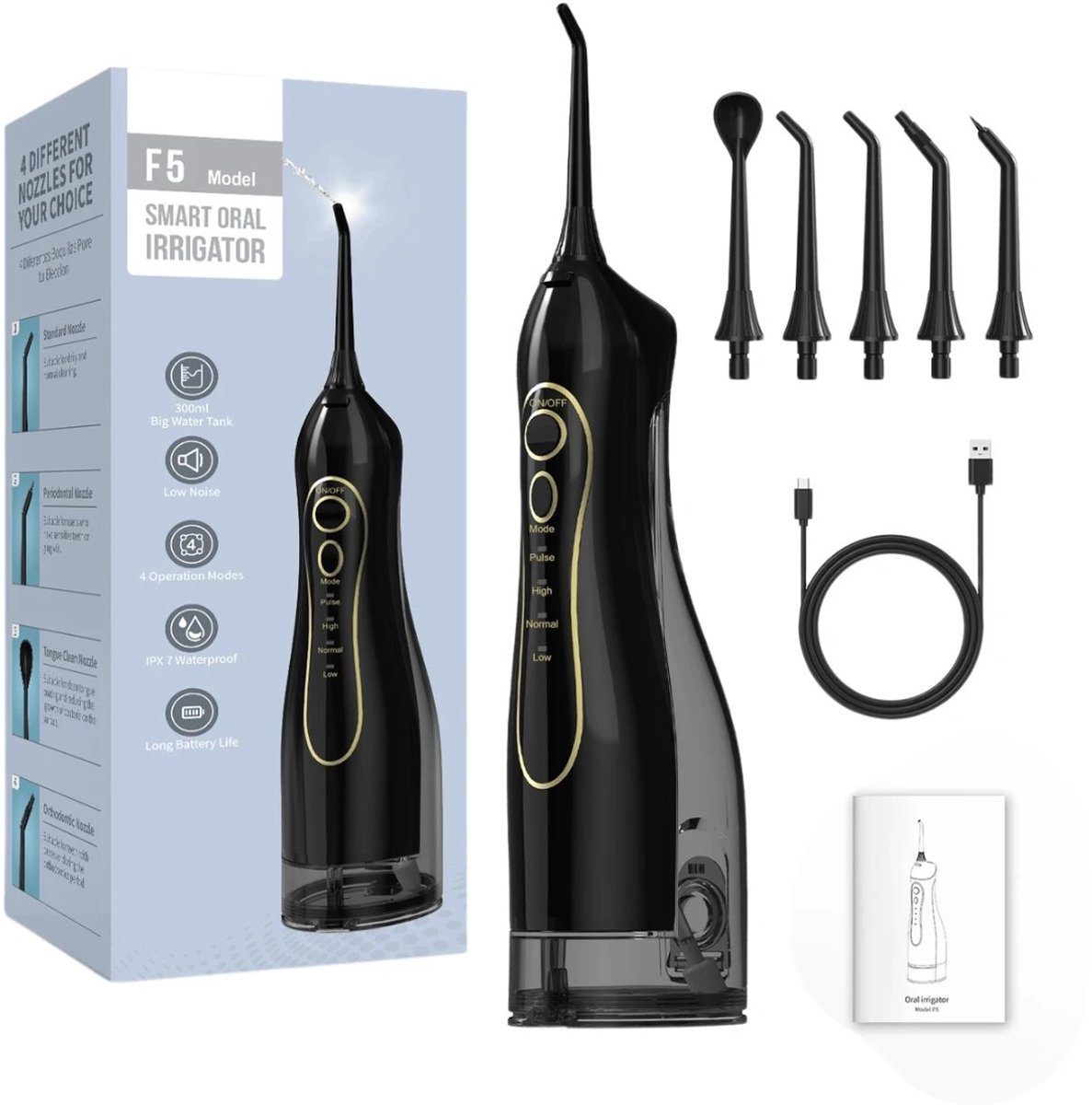 Draadloze Draagbare Monddouche – 140PSI Krachtige Waterstraal, 5 Standen, 360° Draaibare Spuitkop, 300 ml Waterreservoir, 40 Dagen Looptijd, Inclusief 4 Soorten Spuitkoppen, F5 Zwart.