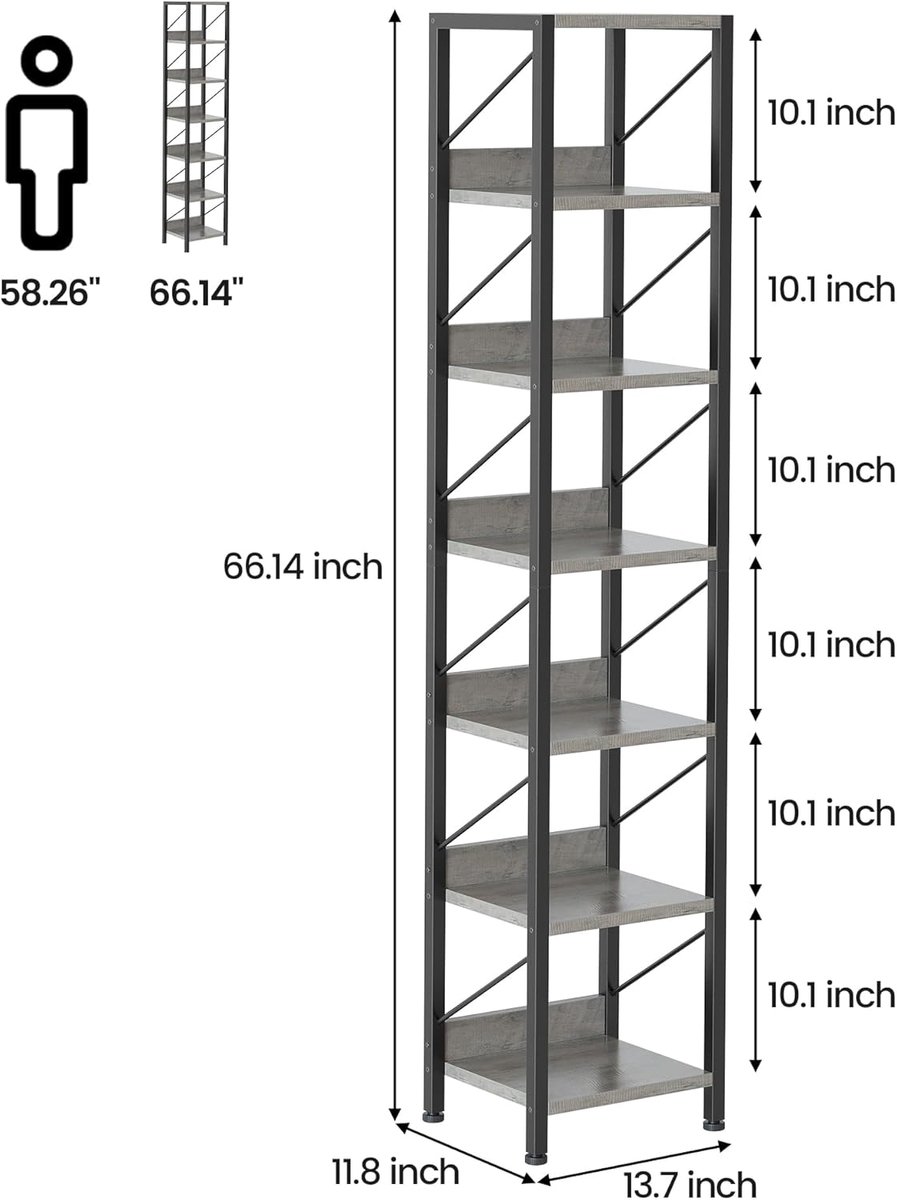 Boekenkast met meerdere niveaus- industriële boekenkast voor thuis- met stevig metalen frame- voor kantoor- studeerkamer- woonkamer en slaapkamer- grijs- 35x30x168cm