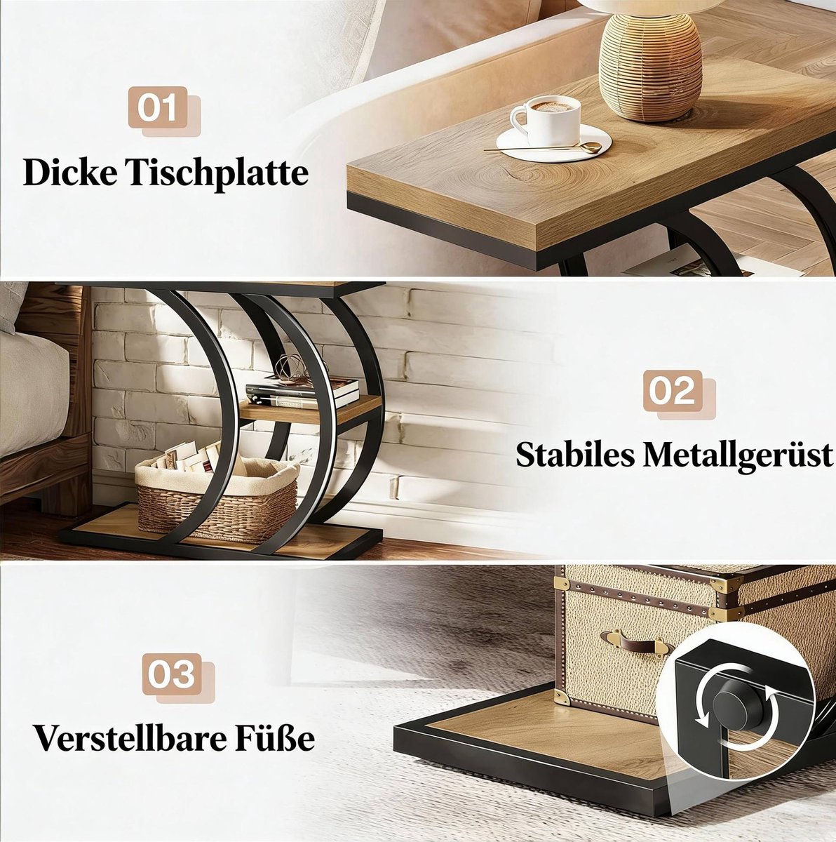 Bijzettafel - C-Vorm Met 3 Niveaus En Verstelbare Voetjes - Voor Bank En Slaapkamer - Metaal En Hout - 60x30x58,5 Cm - Zwart Bruin
