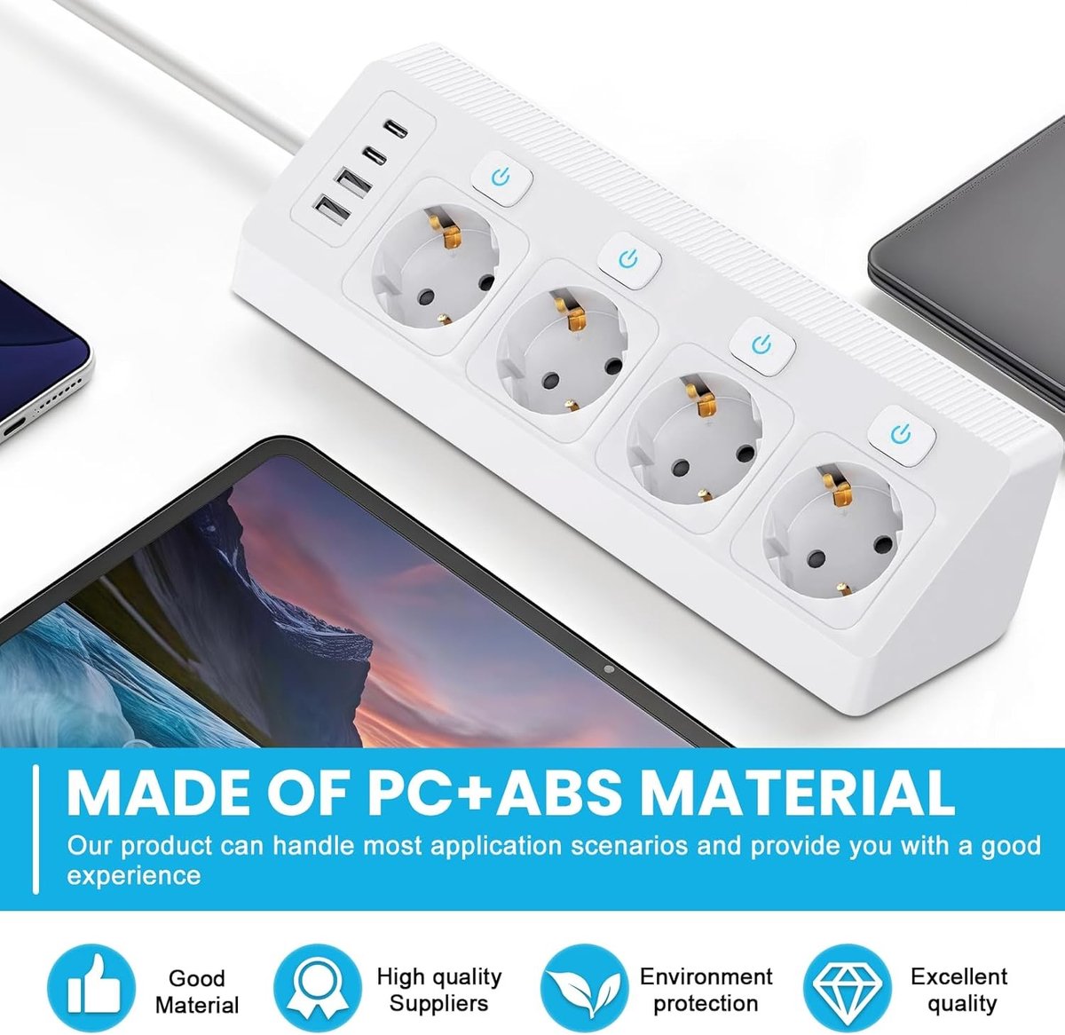 Stekkerdoos - Wit - 4 AC-stopcontacten - 2 USB en 2 USB C - Voor Keuken en Bureau