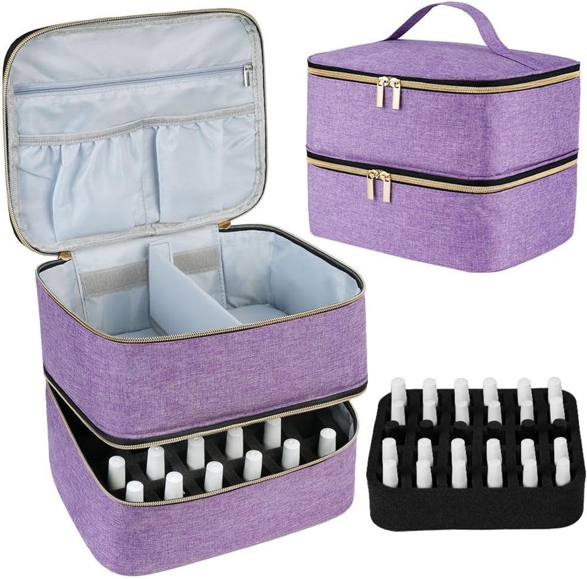 Dubbele Laag Nagellak Organizer, Reistas voor 30 Flessen Nagellak, Make-up Tas met Opbergcompartimenten voor Lipstick en Nagellamp (Paars, 1PCS)