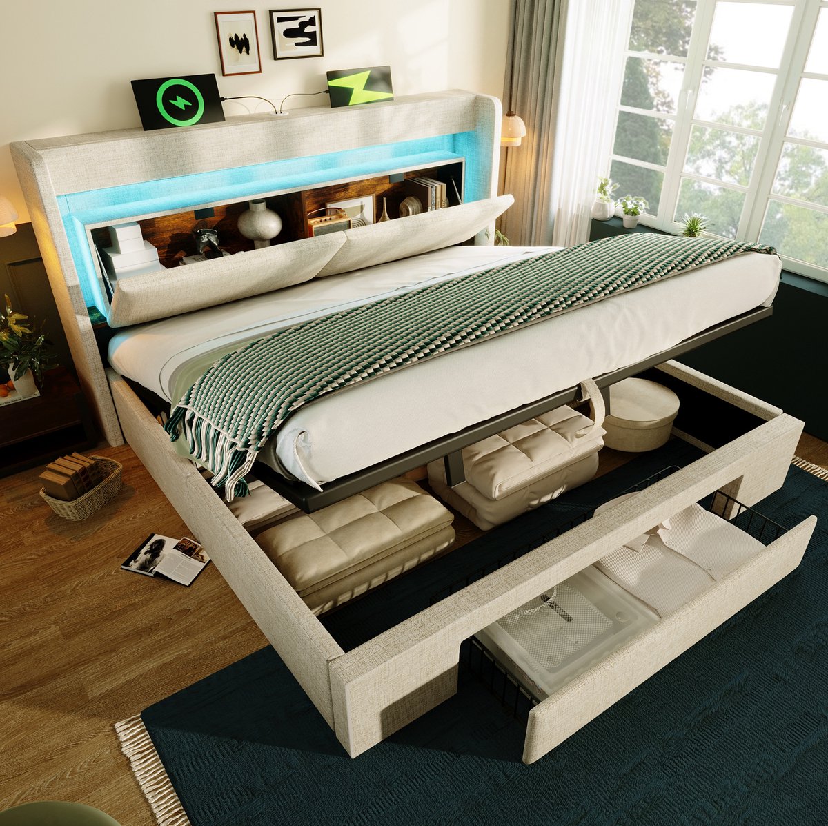 MEUNIQ gestoffeerd bed 160x200 cm met hydraulische opbergruimte, hoofdbord met opbergvak, LED-verlichting, USB en USB-C, lattenbodem, tweepersoons, beige