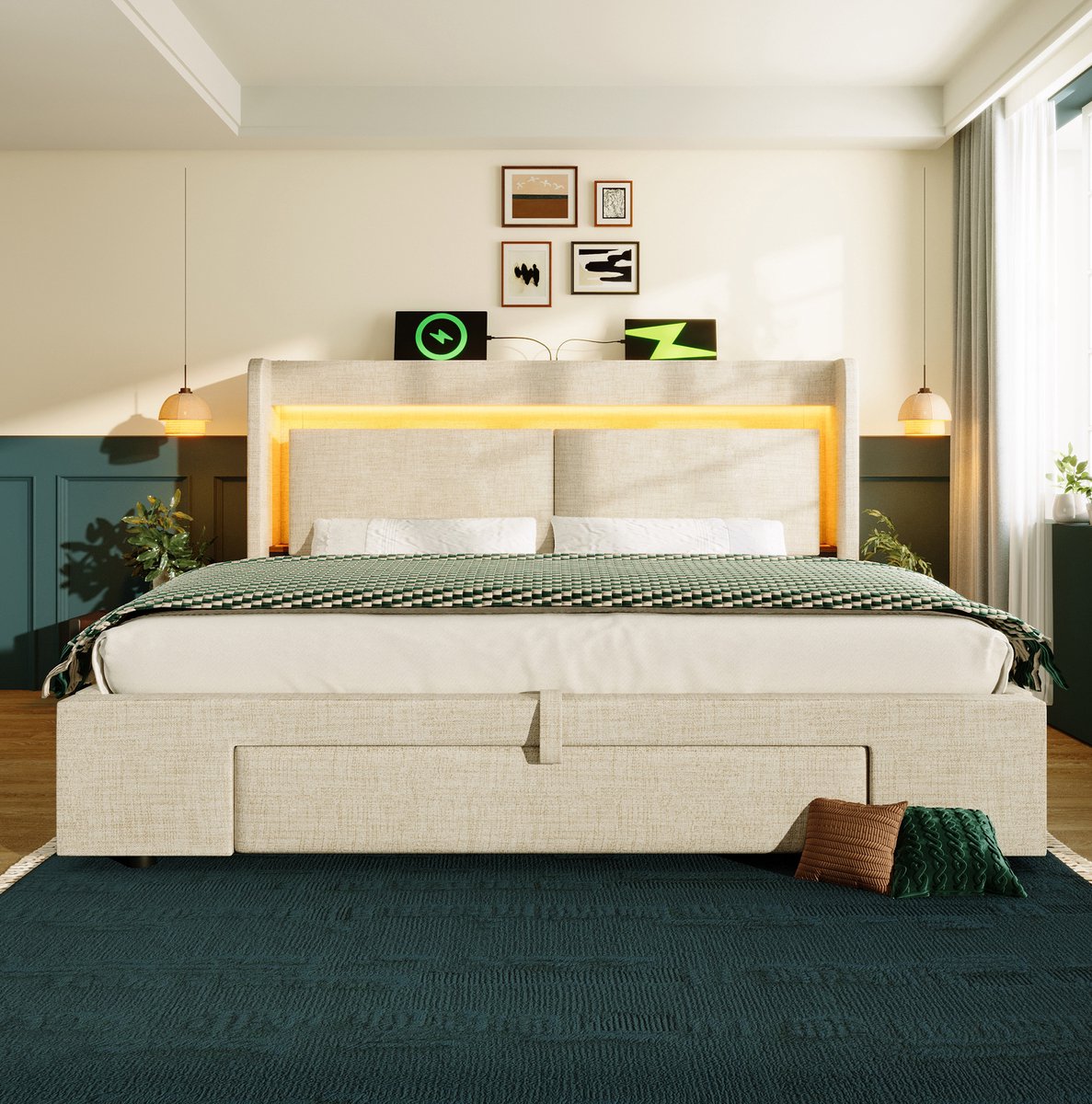 MEUNIQ gestoffeerd bed 140x200 cm met hydraulische opbergruimte, hoofdbord met opbergvak, LED-verlichting, USB en USB-C, lattenbodem, beige