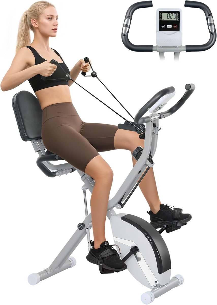Opvouwbare Hometrainer - Indoor Fiets - Thuis Trainen - 5 Posities Armbanden - 8 Weerstanden - Wit