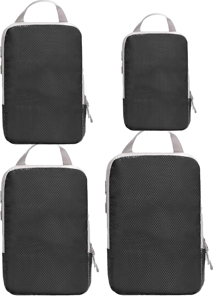 Reisorganizerset - Opbergkubussen - Koffer organiseren - Compressiesysteem - 4 stuks - Zwart