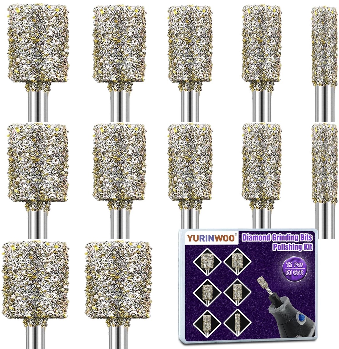 Dailygoods- Diamant Slijpbitset 12-delig - Korrel 50 - Steenbeitelset - Diamantfreesbits - Rotatiegereedschap - Geschikt voor Snijden en Polijsten - Slijpbits