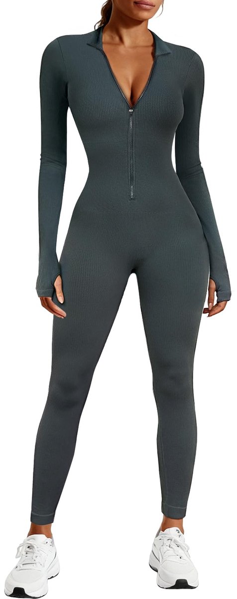 SnelShoppen - Jumpsuit dames lange mouwen zip up leggings V-hals yoga overall elegant playsuits jogging rompers broekpak trainingspak grijs L