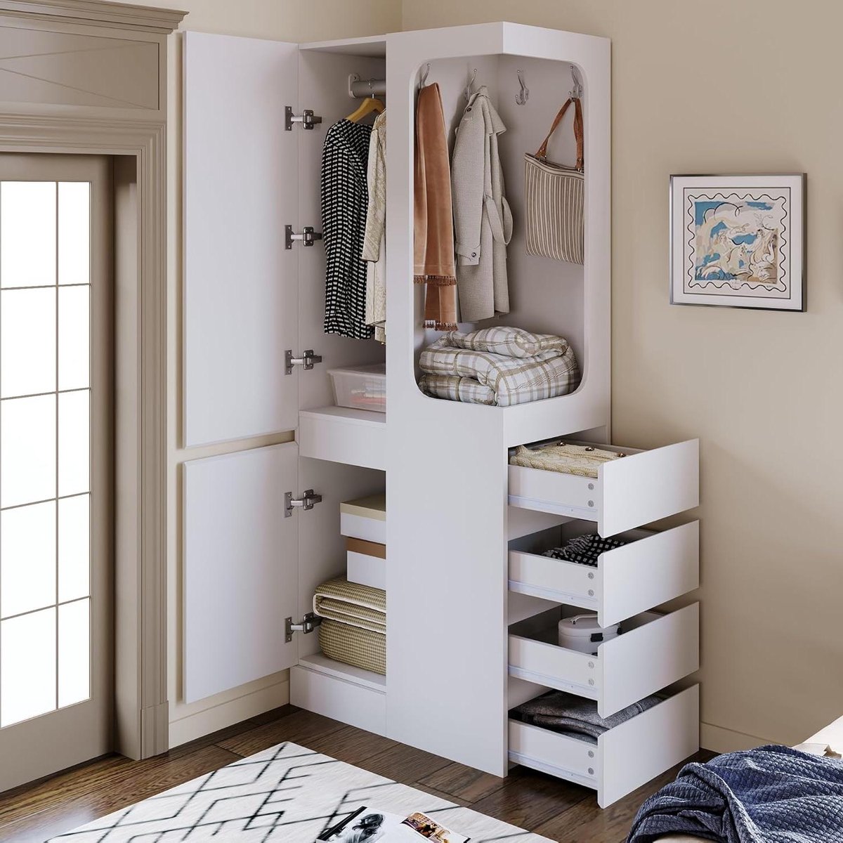Kledingkast Met Lades - Open Kledingrek - Kleding Opbergen - Enkele Deur - 70x40x170cm - Wit Hout